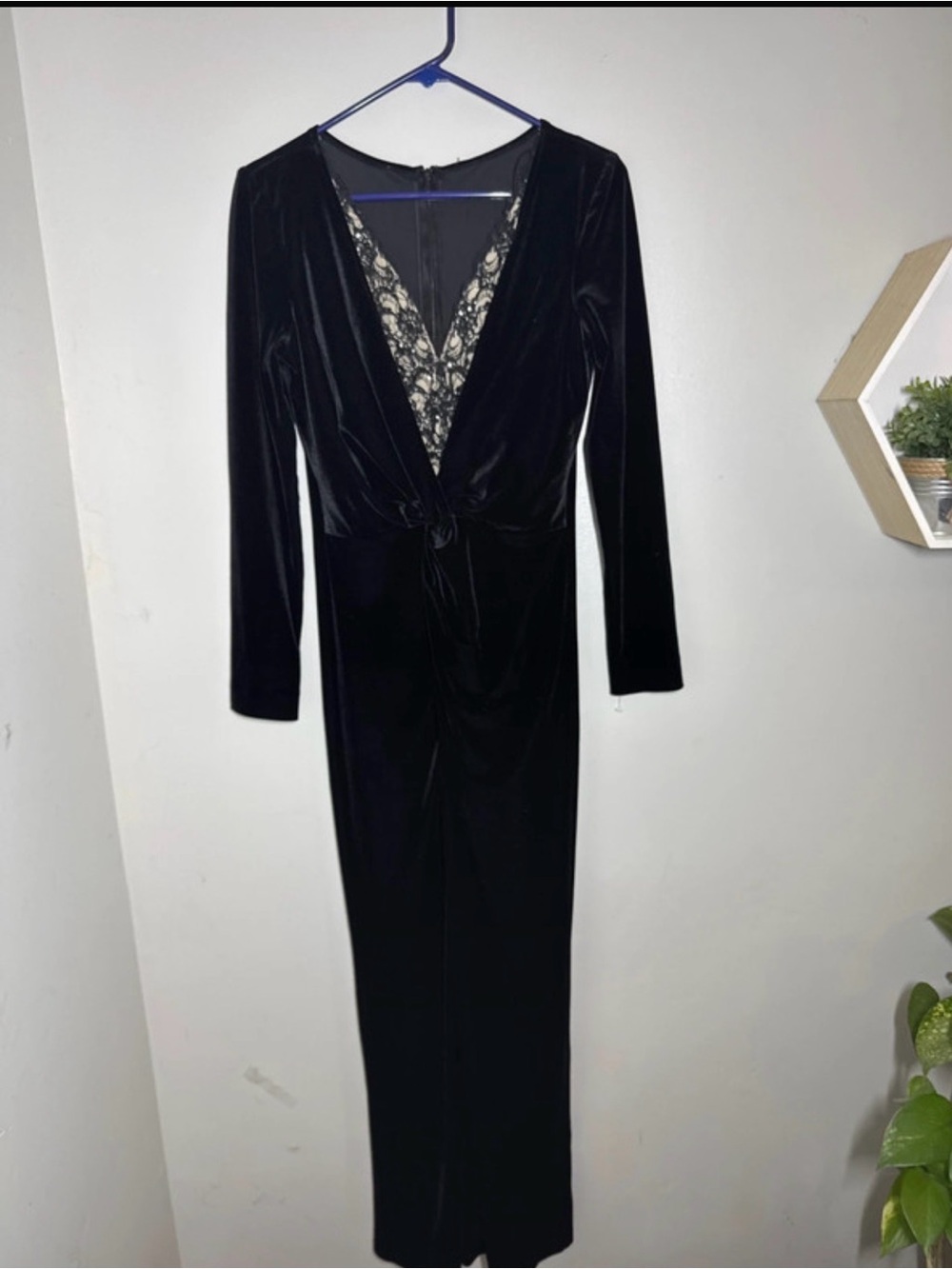 Cachet Black Velvet Long-Sleeve Maxi Dress with Lace Inset